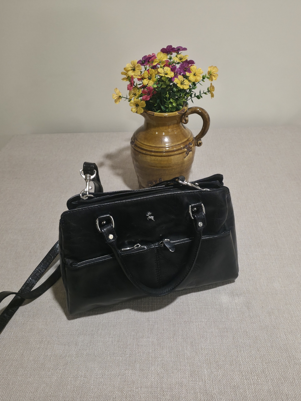 Black Leather Ashwood Satchel Handbag with Silver Hardware